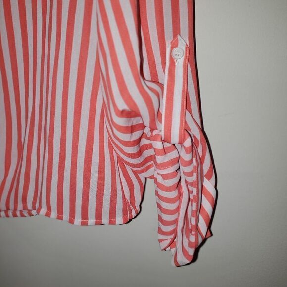 CHICOS CORAL & WHITE VERTICAL STRIP SHEER TIE FRONT BUTTON DOWN TOP SIZE 0 - Picture 2 of 4